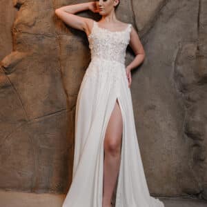 Brautkleid aus Chiffon, Hochzeitskleid mit dünnen Trägern, halboffener Rücken, Brautkleid mit Schlitz