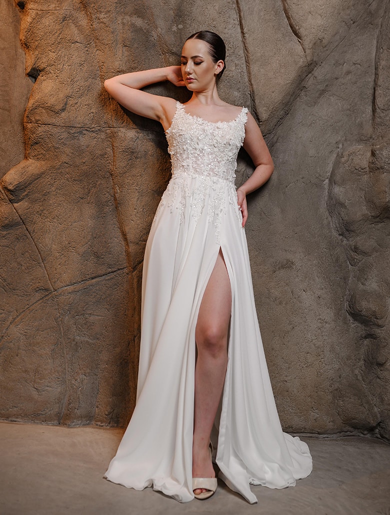 Brautkleid aus Chiffon, Hochzeitskleid mit dünnen Trägern, halboffener Rücken, Brautkleid mit Schlitz